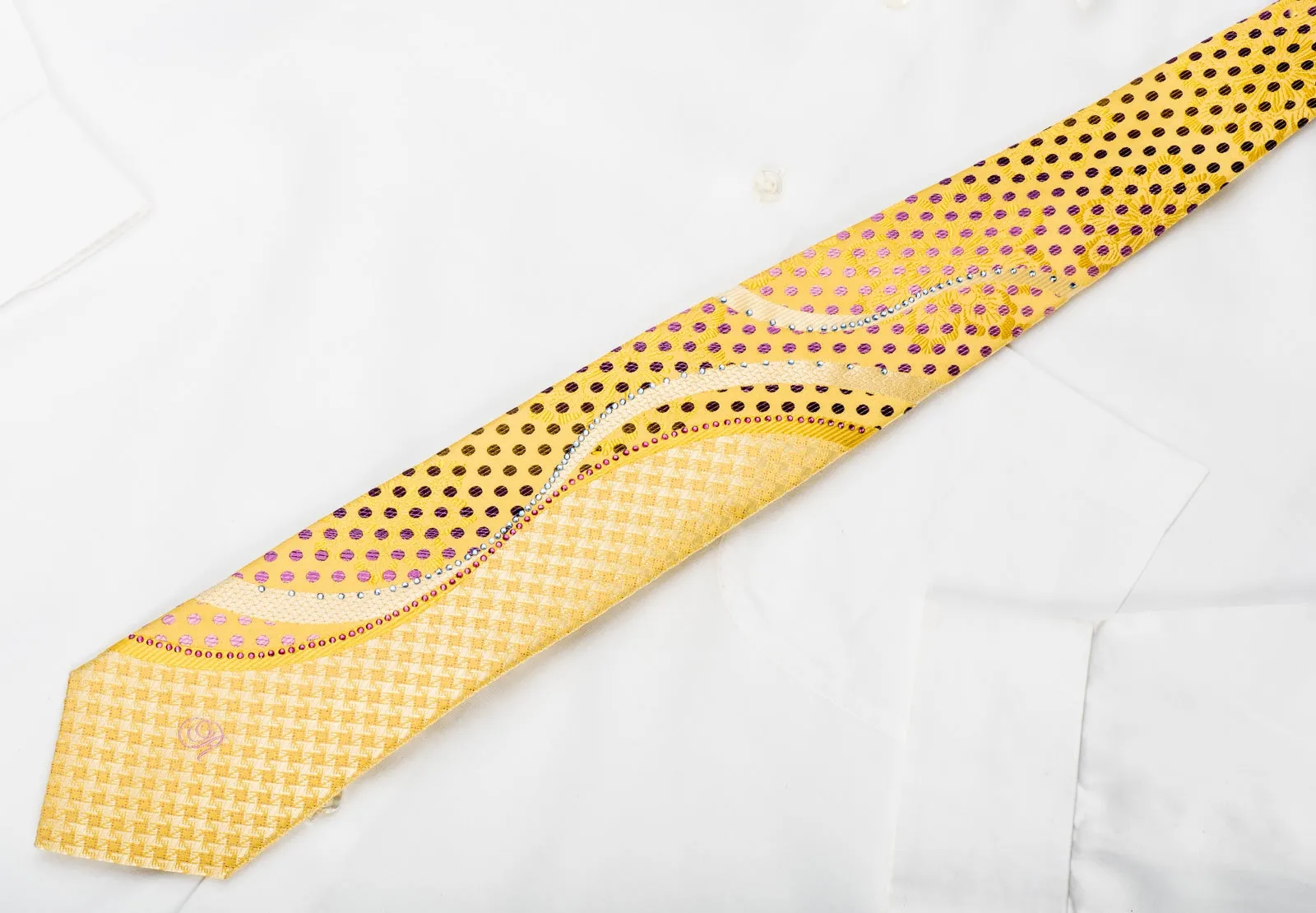 Renoma Silk Necktie Rhinestone Waves & Purple Polka Dots On Yellow With Sparkles