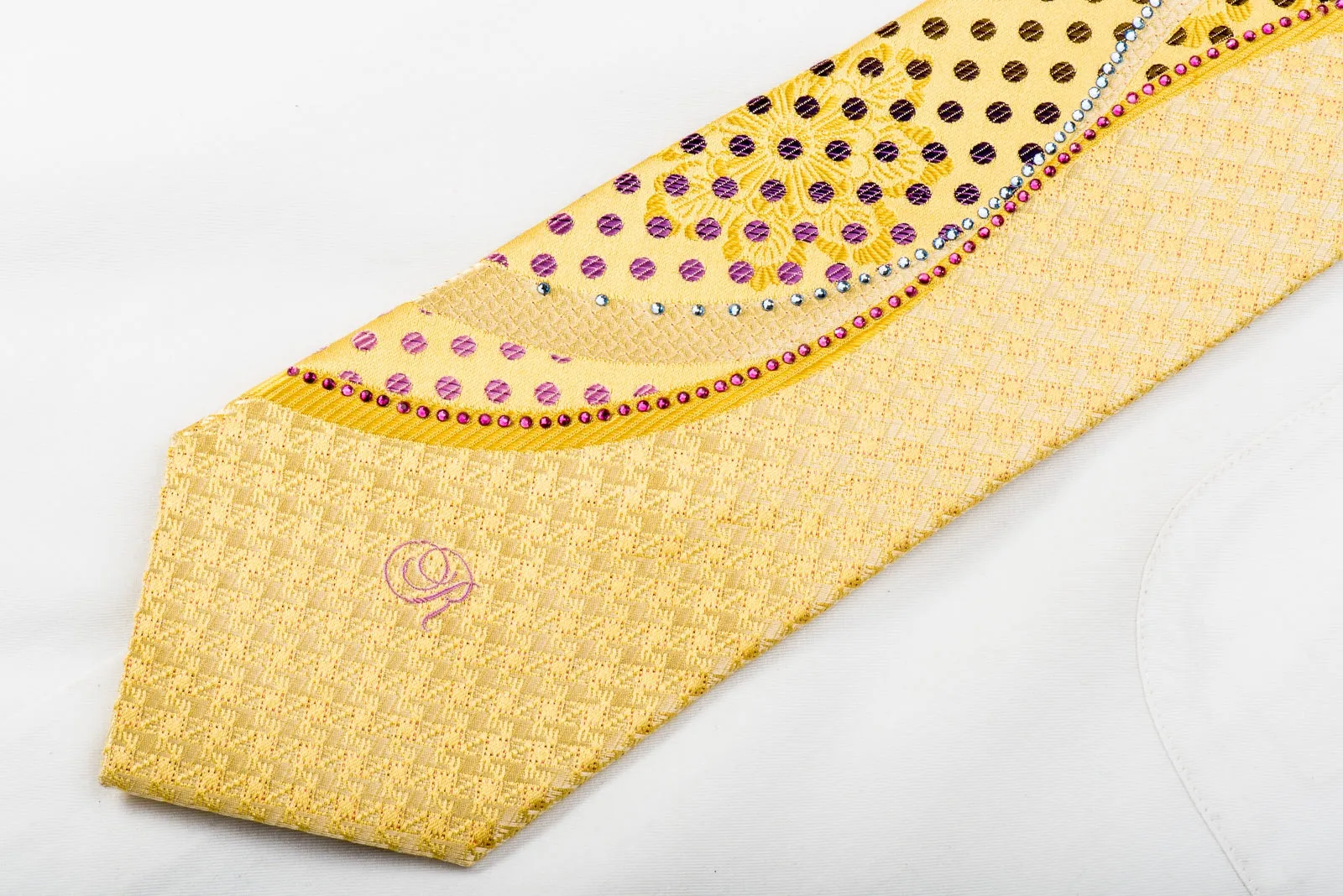 Renoma Silk Necktie Rhinestone Waves & Purple Polka Dots On Yellow With Sparkles