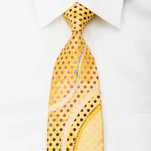Renoma Silk Necktie Rhinestone Waves & Purple Polka Dots On Yellow With Sparkles