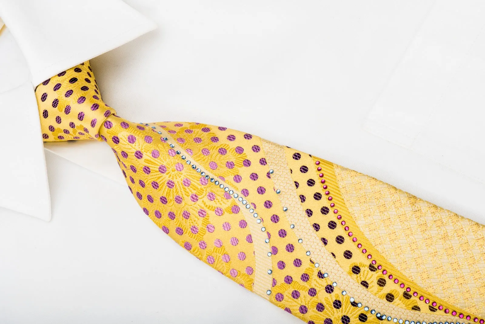 Renoma Silk Necktie Rhinestone Waves & Purple Polka Dots On Yellow With Sparkles