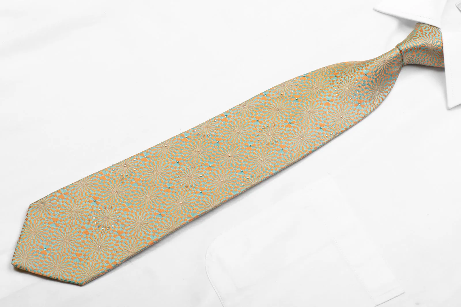 Renoma Silk Tie Pale Orange Blue Geometric With Rhinestones
