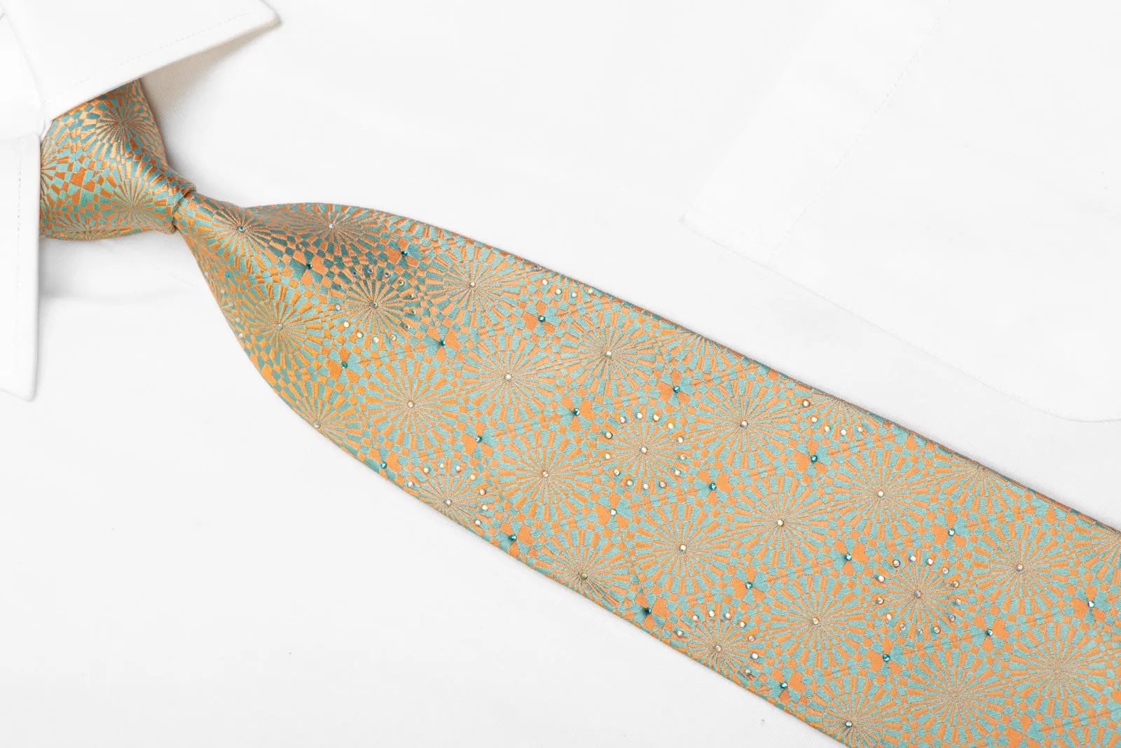 Renoma Silk Tie Pale Orange Blue Geometric With Rhinestones