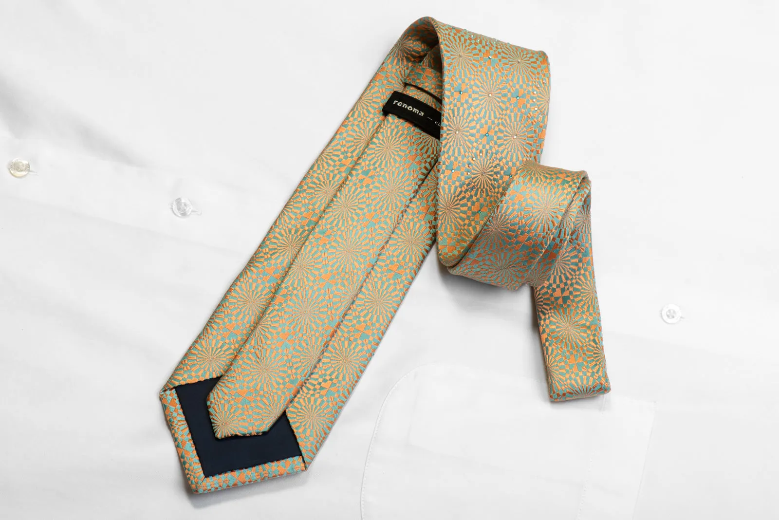 Renoma Silk Tie Pale Orange Blue Geometric With Rhinestones