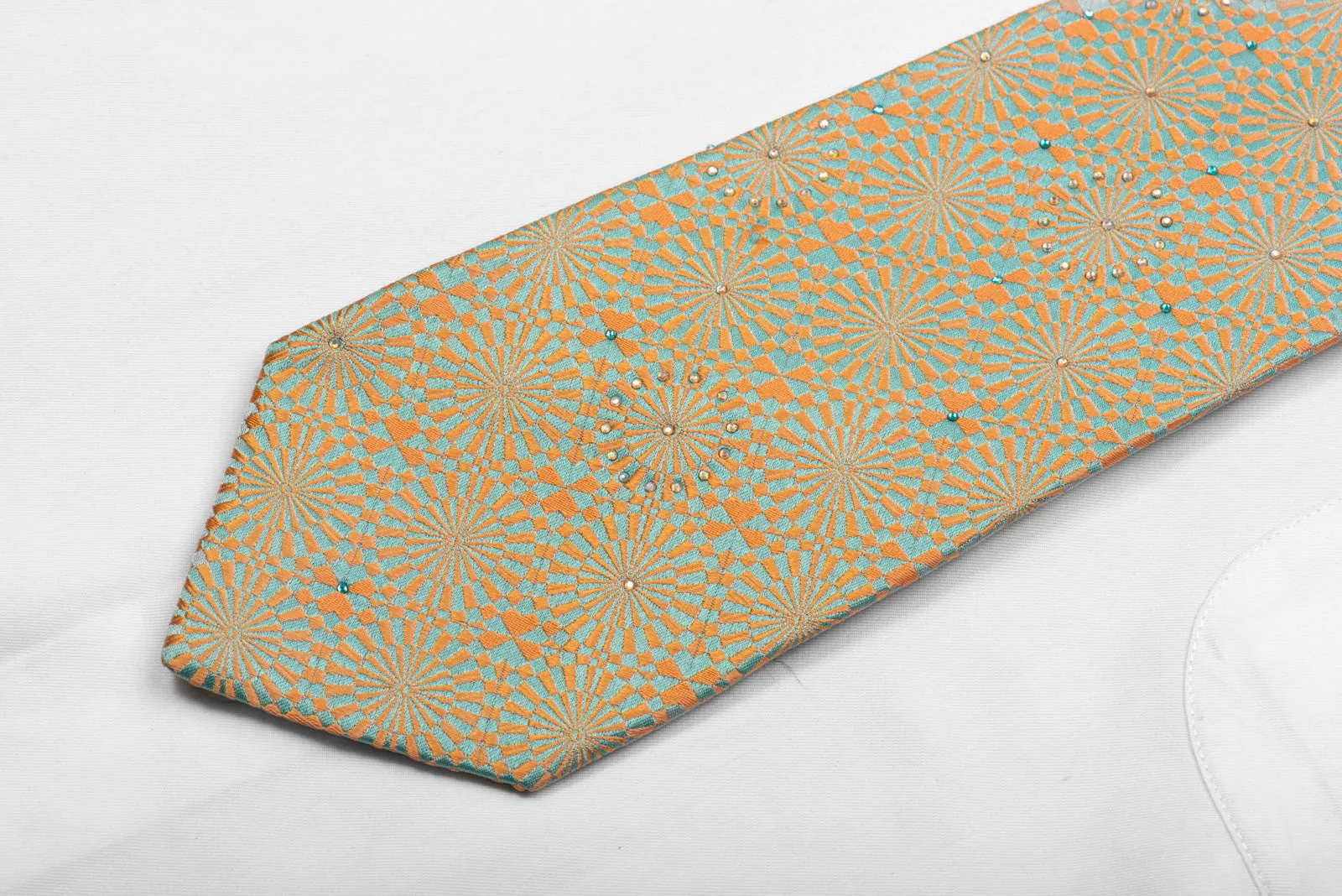 Renoma Silk Tie Pale Orange Blue Geometric With Rhinestones