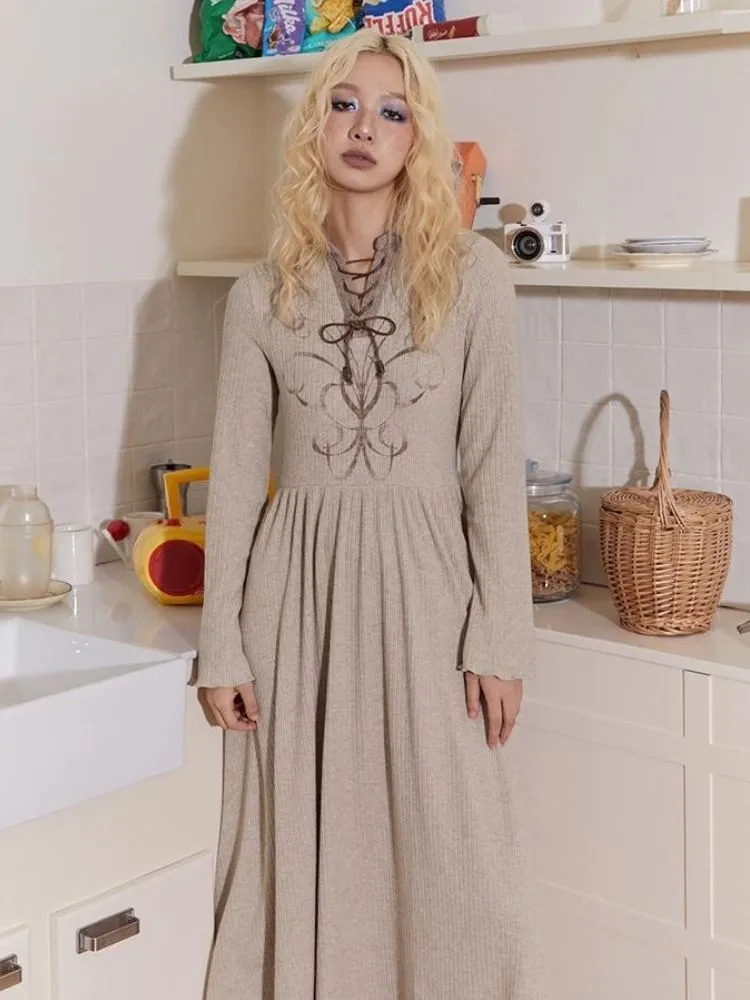 Retro Tie Printed Long Sleeve Dress【s0000004337】