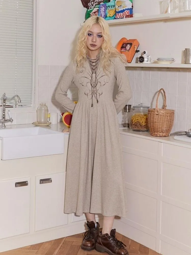 Retro Tie Printed Long Sleeve Dress【s0000004337】