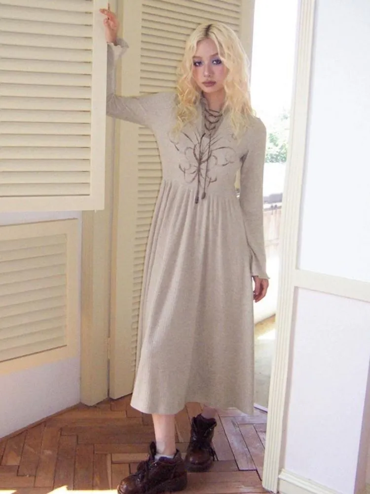 Retro Tie Printed Long Sleeve Dress【s0000004337】