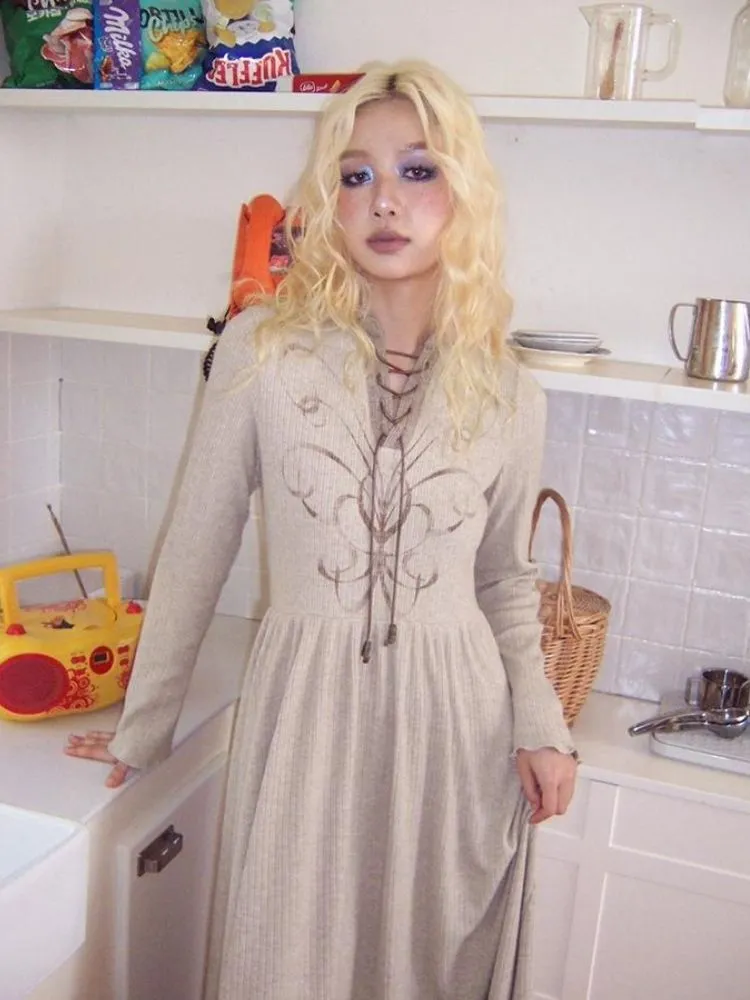 Retro Tie Printed Long Sleeve Dress【s0000004337】