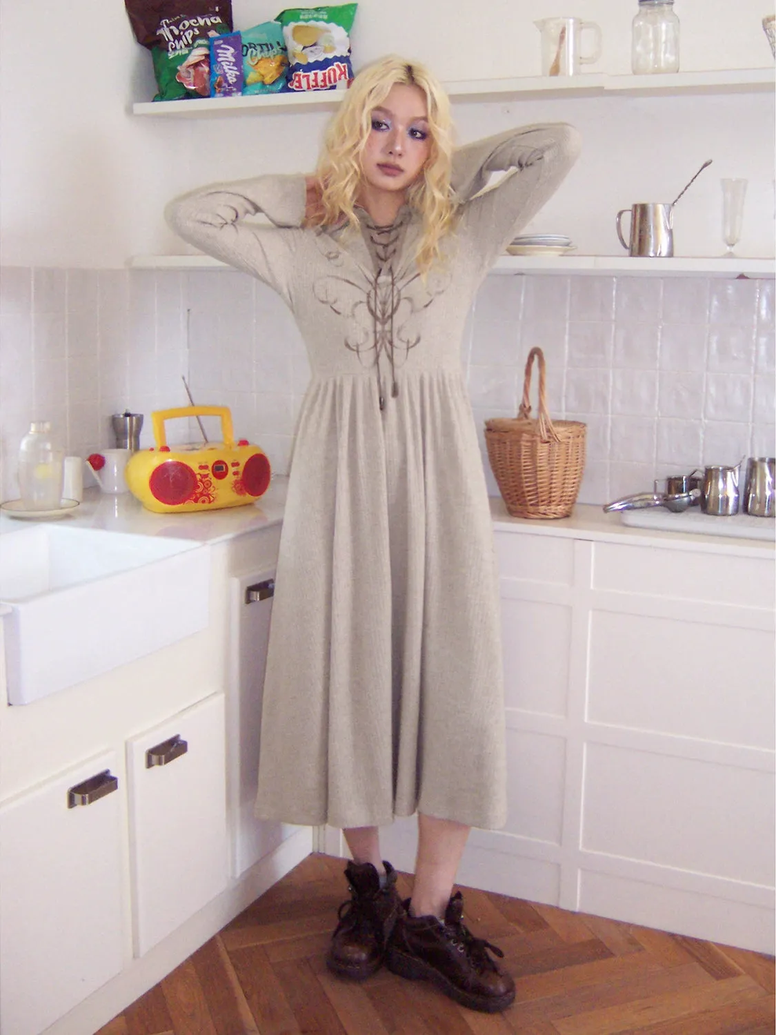 Retro Tie Printed Long Sleeve Dress【s0000004337】