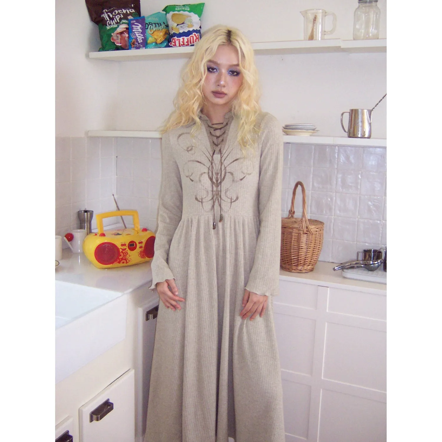 Retro Tie Printed Long Sleeve Dress【s0000004337】