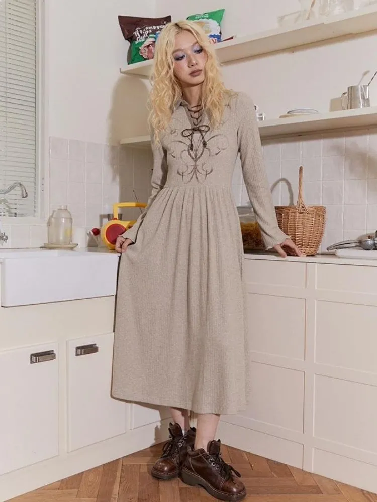 Retro Tie Printed Long Sleeve Dress【s0000004337】