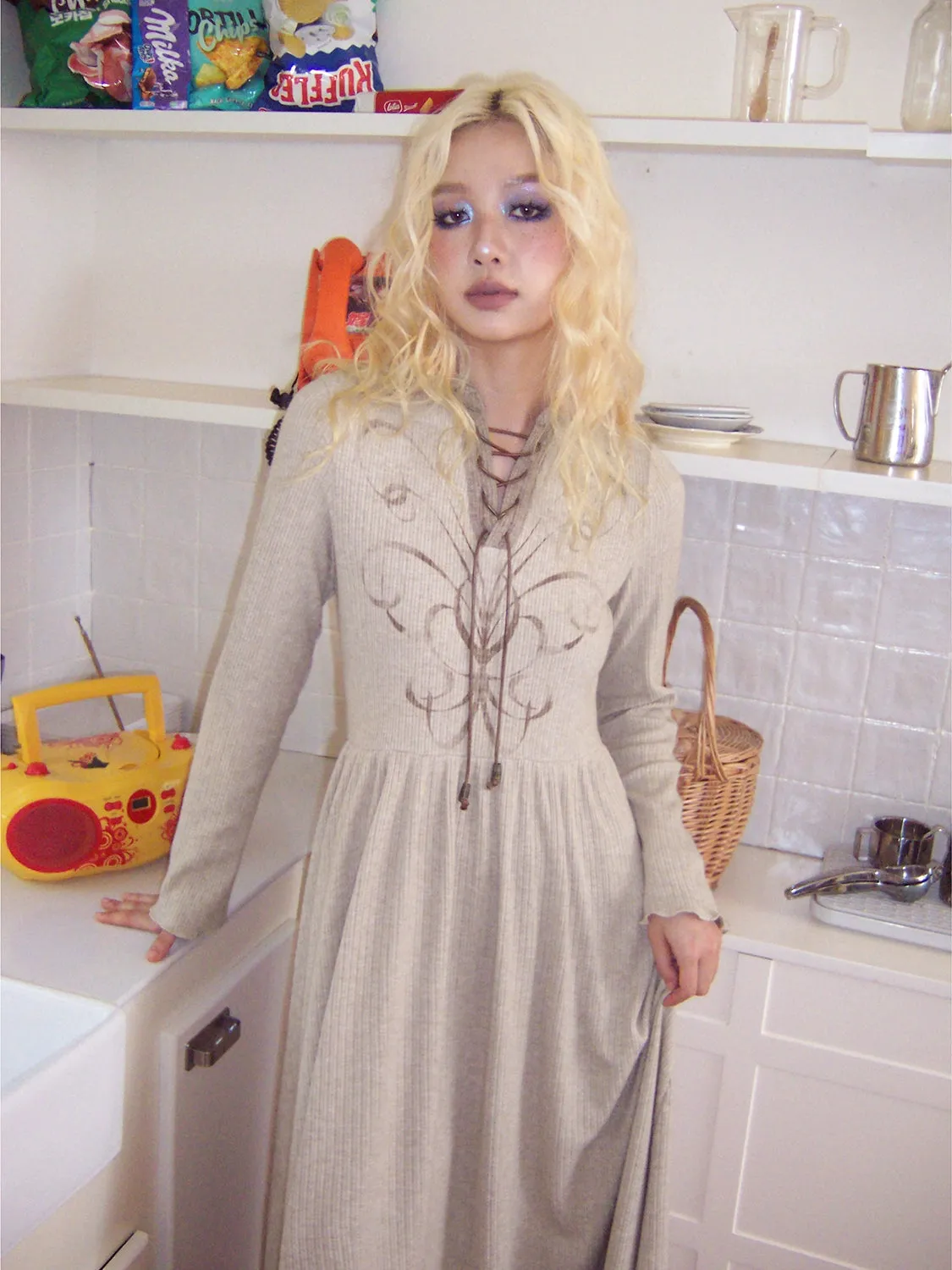 Retro Tie Printed Long Sleeve Dress【s0000004337】