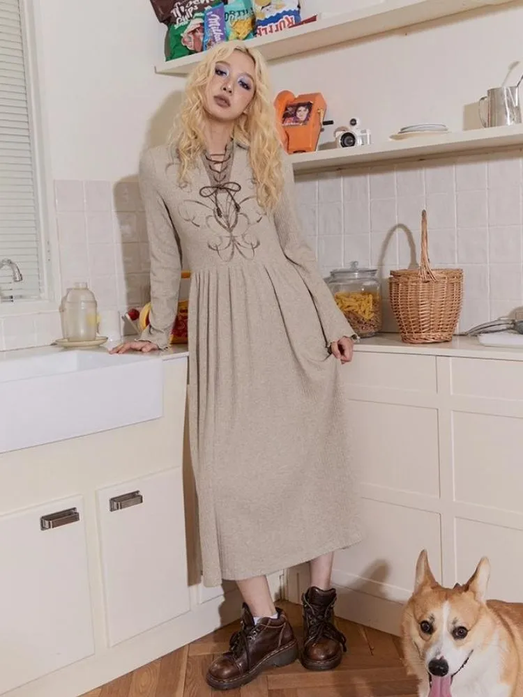 Retro Tie Printed Long Sleeve Dress【s0000004337】