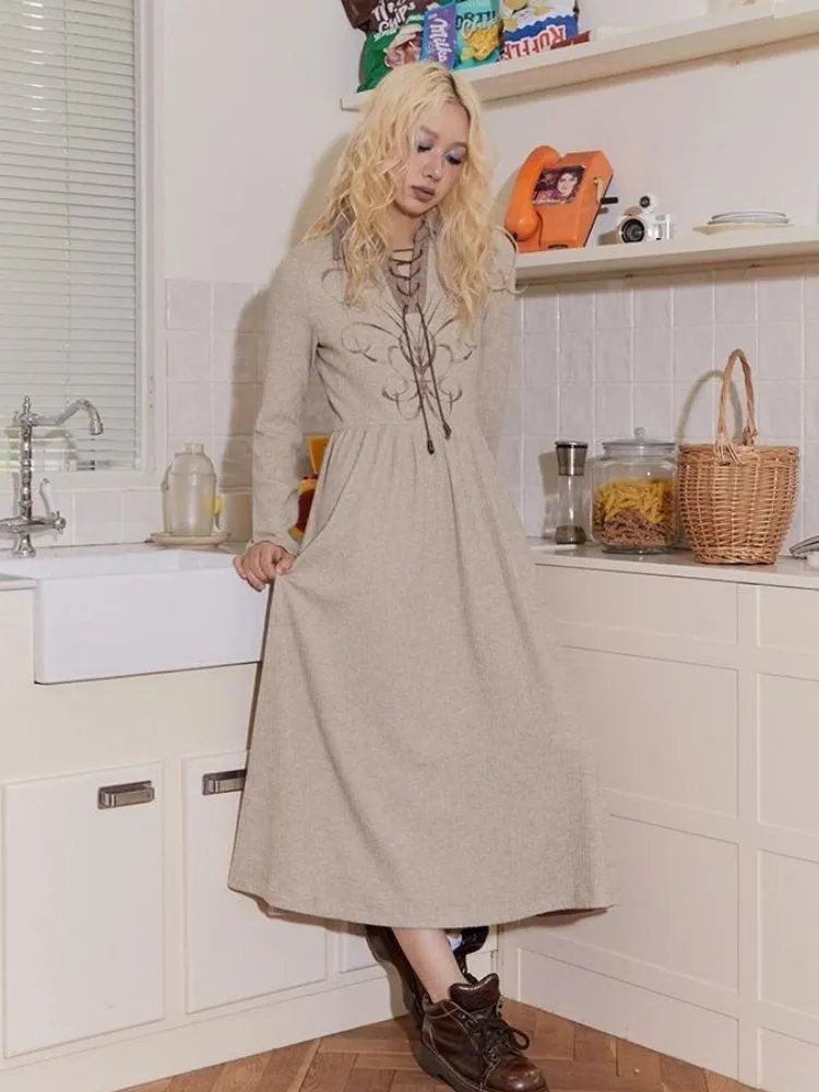 Retro Tie Printed Long Sleeve Dress【s0000004337】