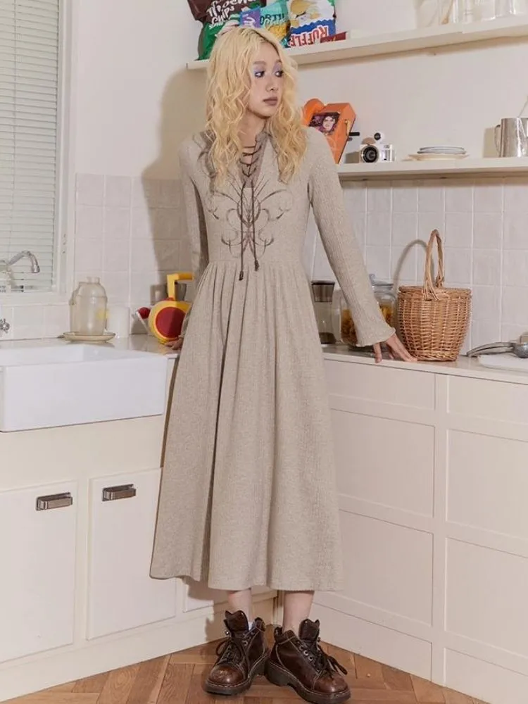 Retro Tie Printed Long Sleeve Dress【s0000004337】