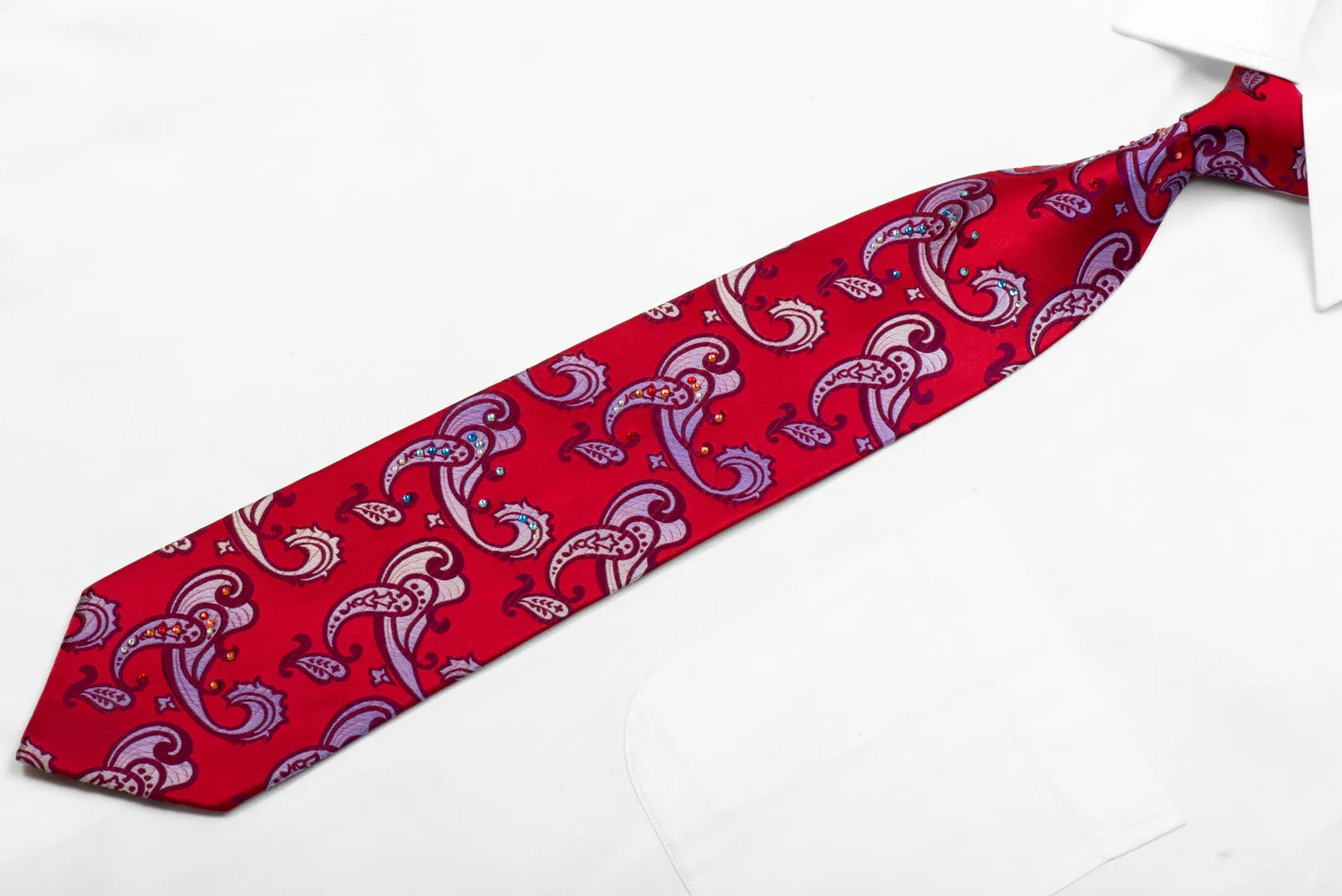 Rhinestone Necktie Mauve Paisley On Red Silk