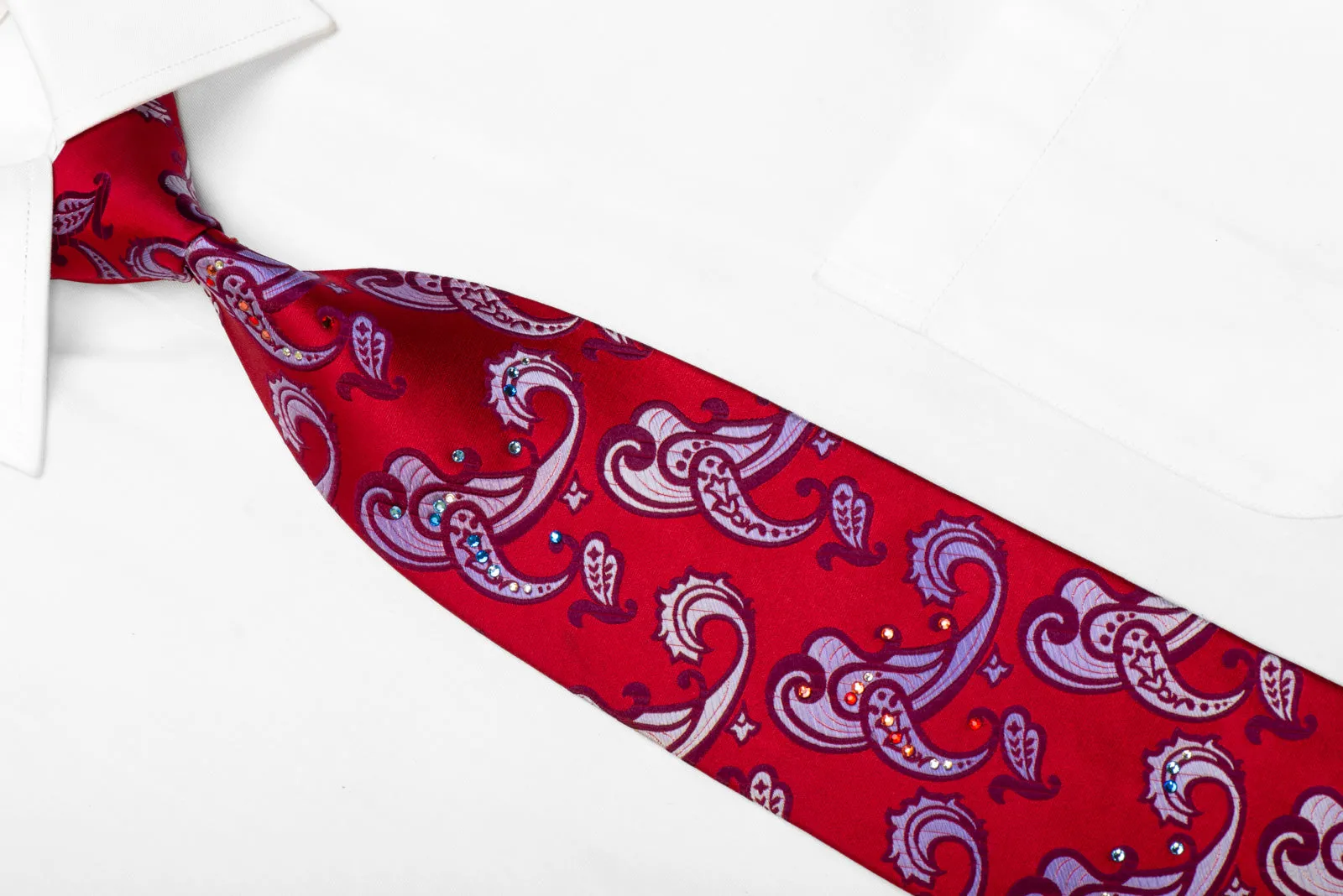 Rhinestone Necktie Mauve Paisley On Red Silk