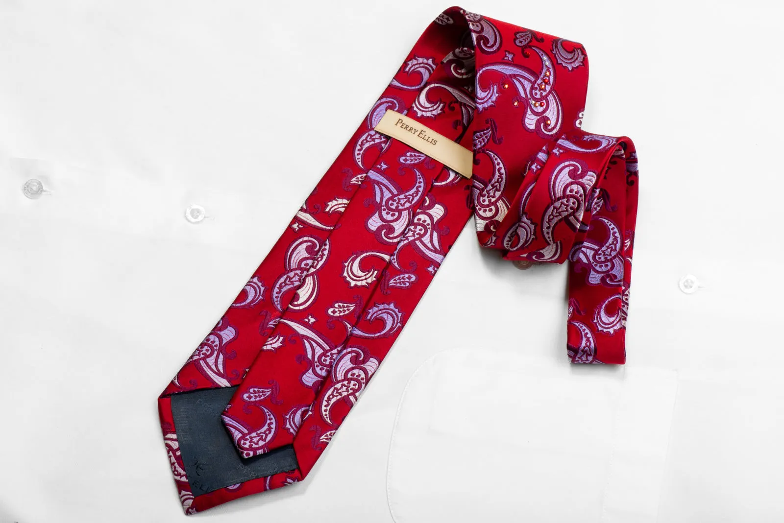 Rhinestone Necktie Mauve Paisley On Red Silk