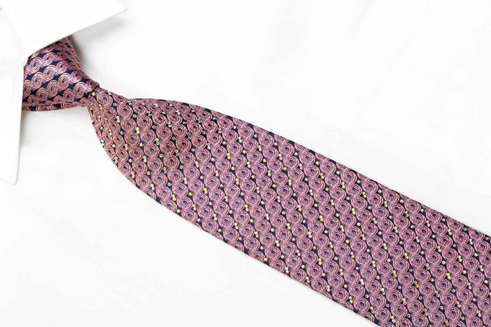 Rhinestone Necktie Pink Scrolls On Navy With Sparkles