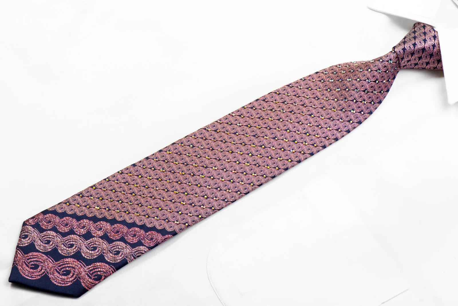 Rhinestone Necktie Pink Scrolls On Navy With Sparkles