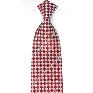 Rhinestone Silk Necktie Burgundy Silver Checkered With Silver Sparkles