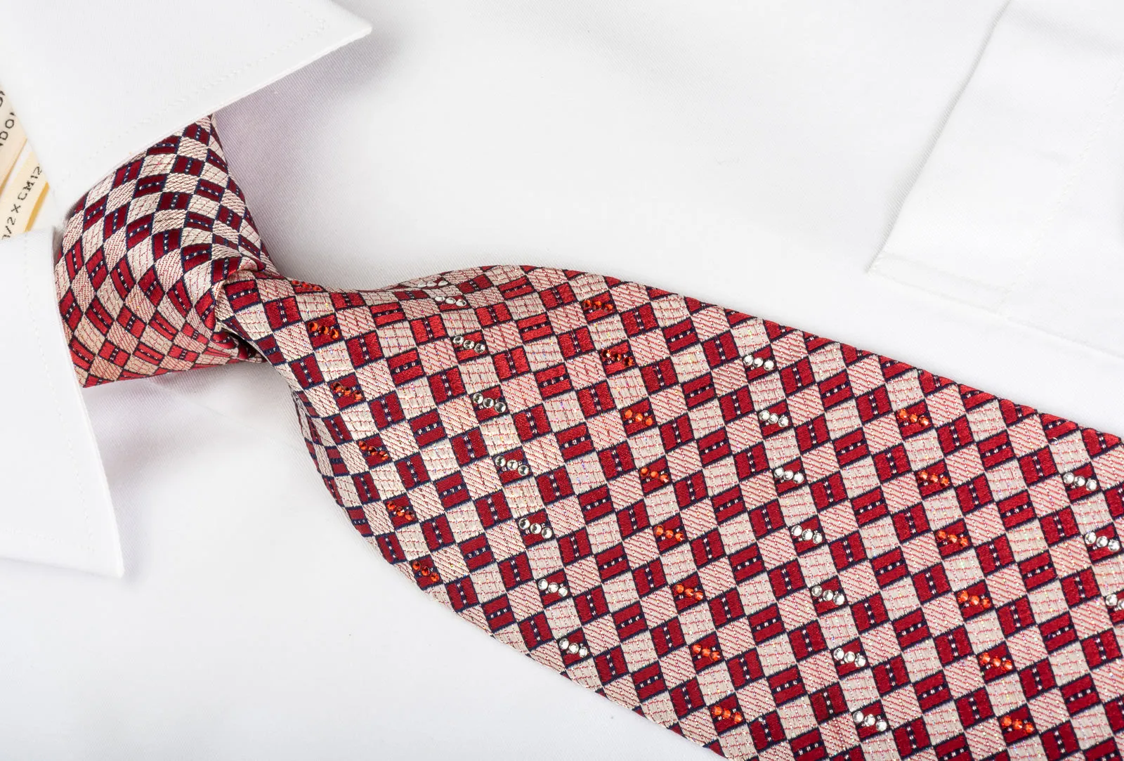 Rhinestone Silk Necktie Burgundy Silver Checkered With Silver Sparkles