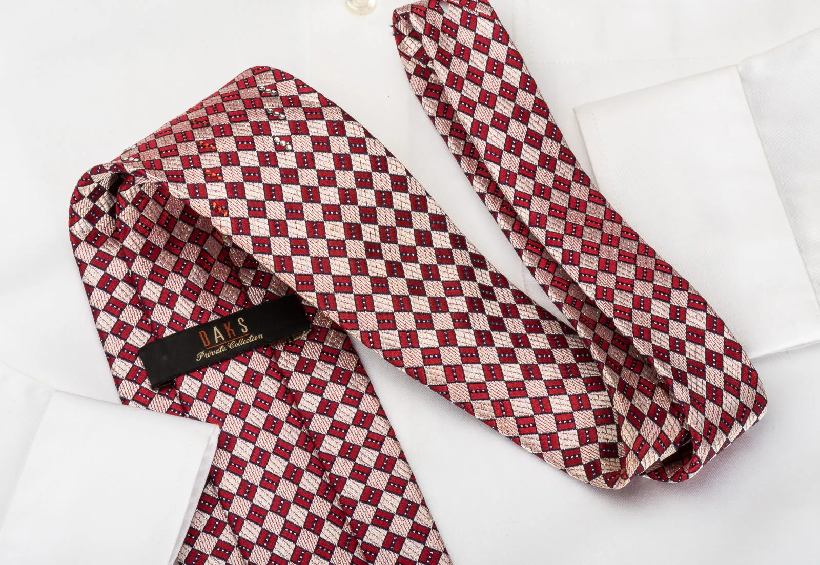 Rhinestone Silk Necktie Burgundy Silver Checkered With Silver Sparkles