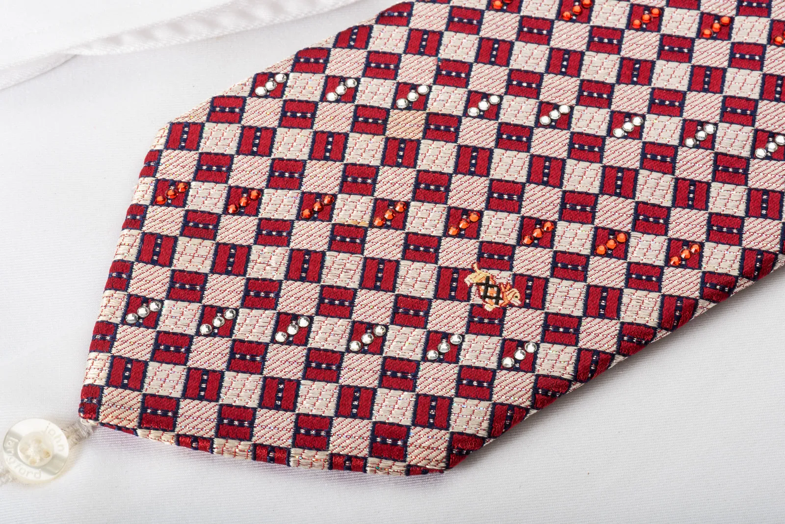 Rhinestone Silk Necktie Burgundy Silver Checkered With Silver Sparkles