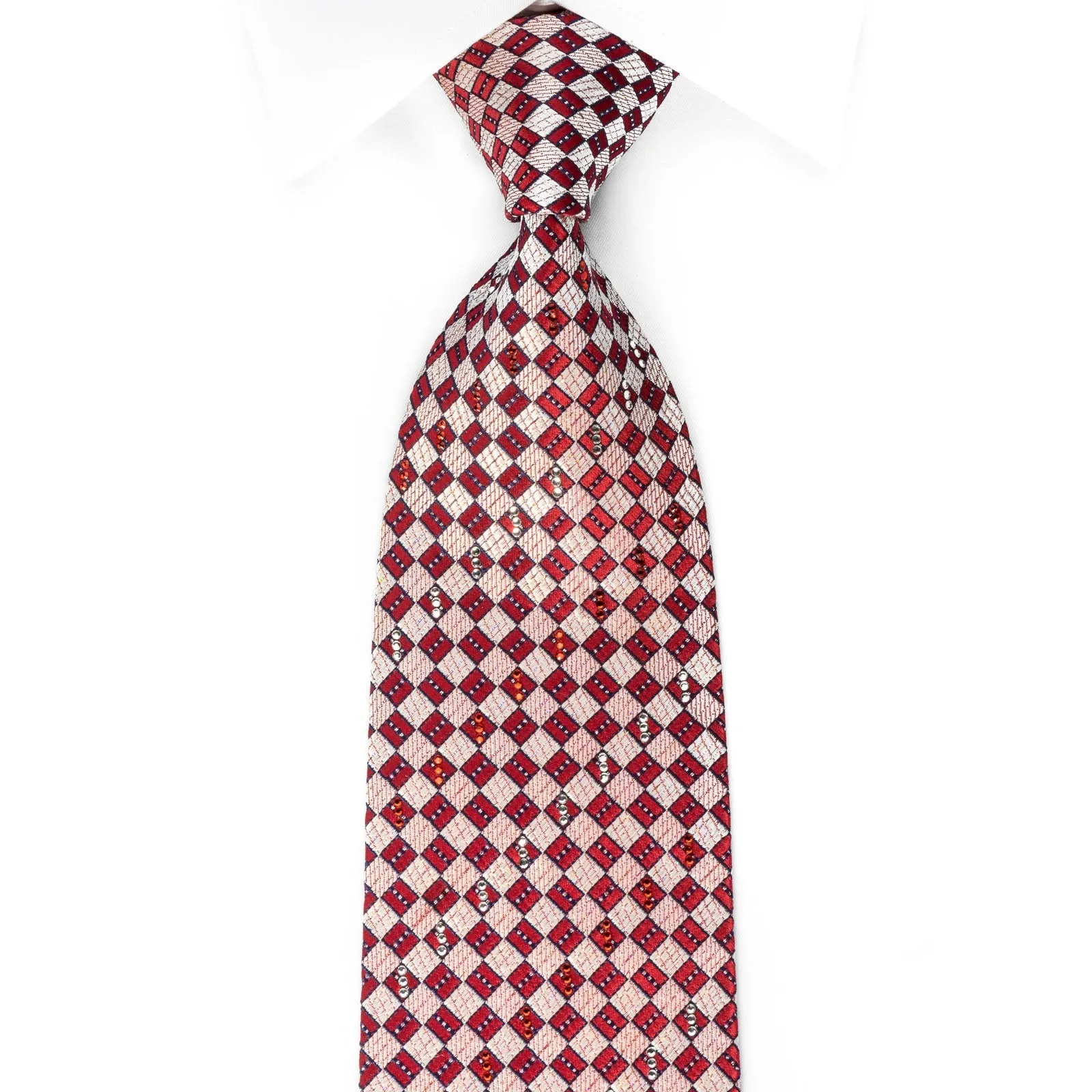 Rhinestone Silk Necktie Burgundy Silver Checkered With Silver Sparkles