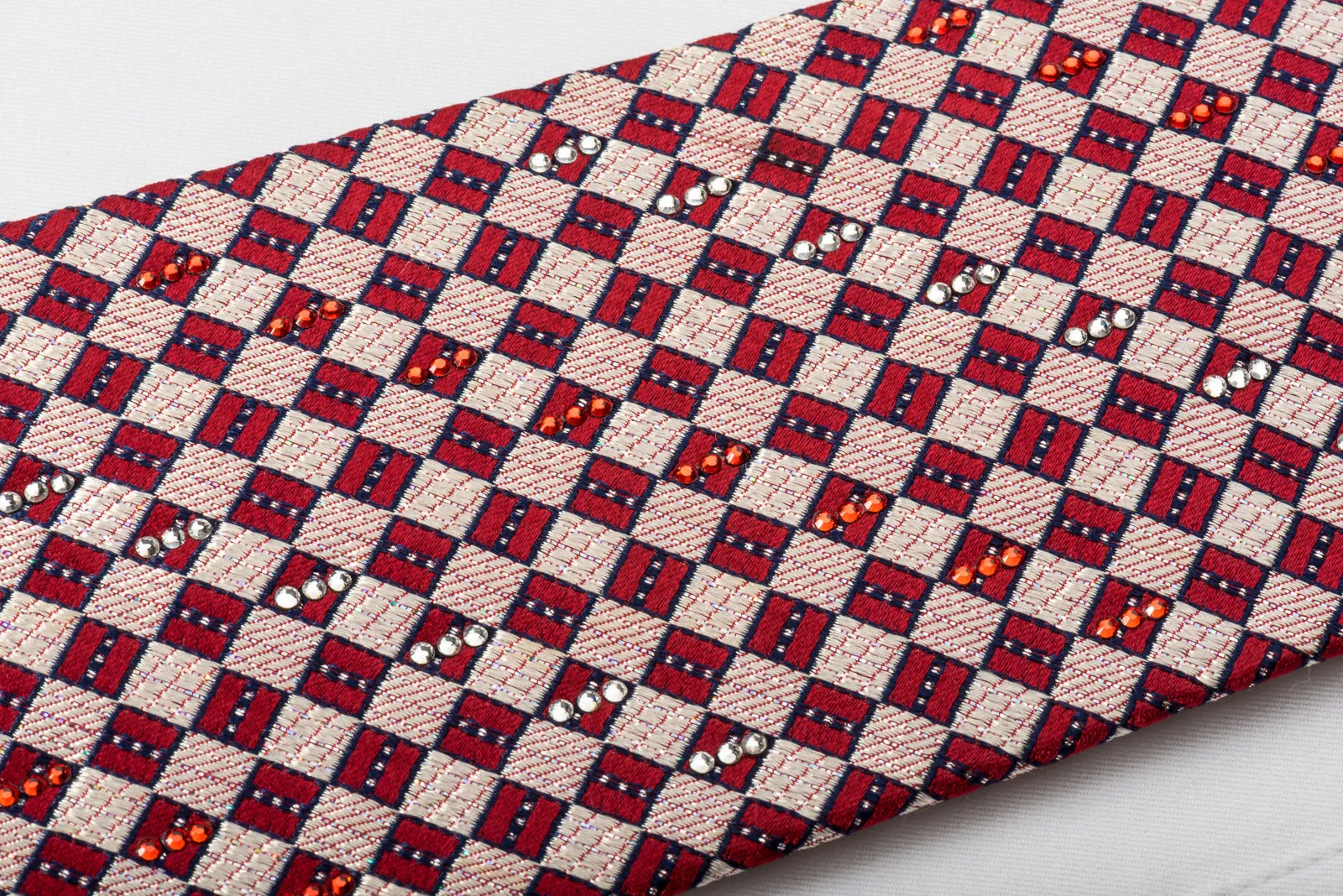 Rhinestone Silk Necktie Burgundy Silver Checkered With Silver Sparkles