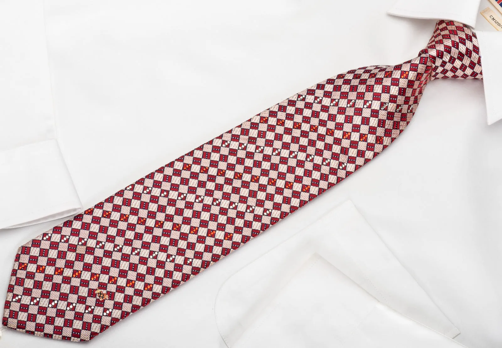 Rhinestone Silk Necktie Burgundy Silver Checkered With Silver Sparkles