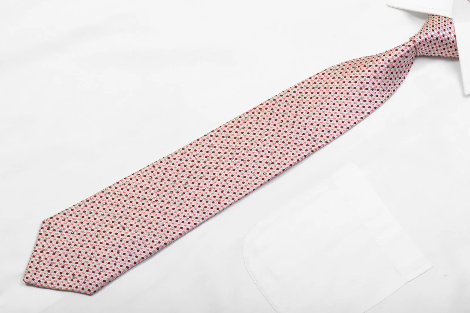 Rhinestone Silk Necktie Pink Burgundy Dots On White With Sparkles By Roberta di Camerino