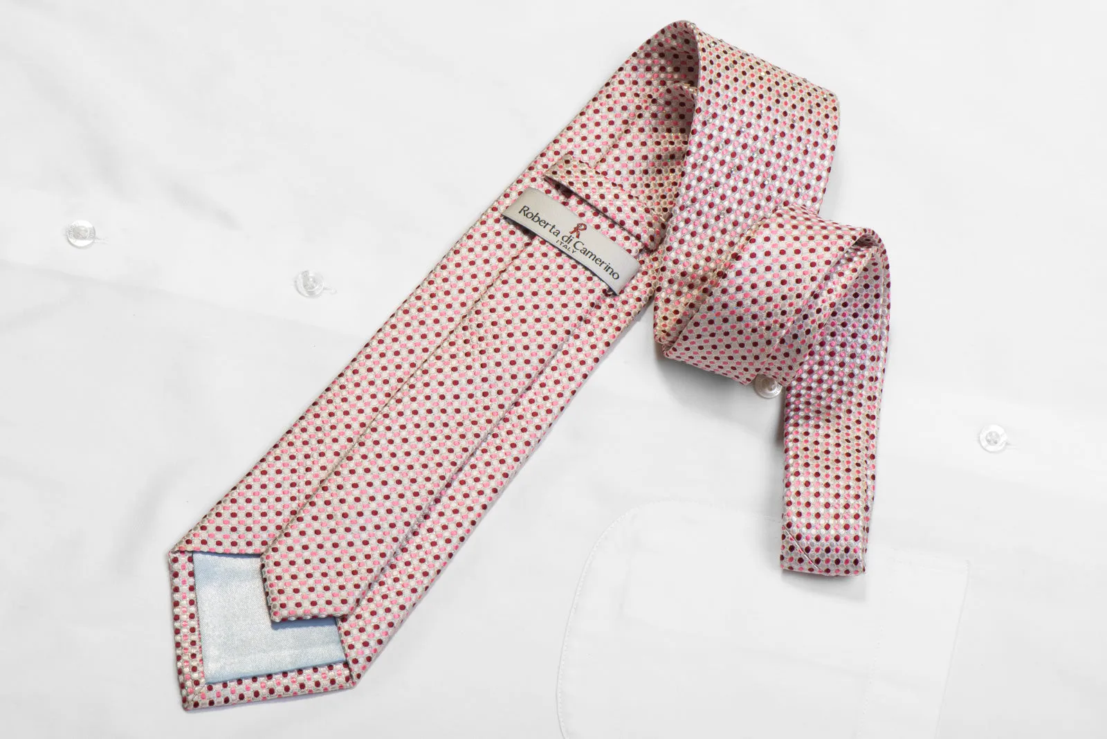 Rhinestone Silk Necktie Pink Burgundy Dots On White With Sparkles By Roberta di Camerino