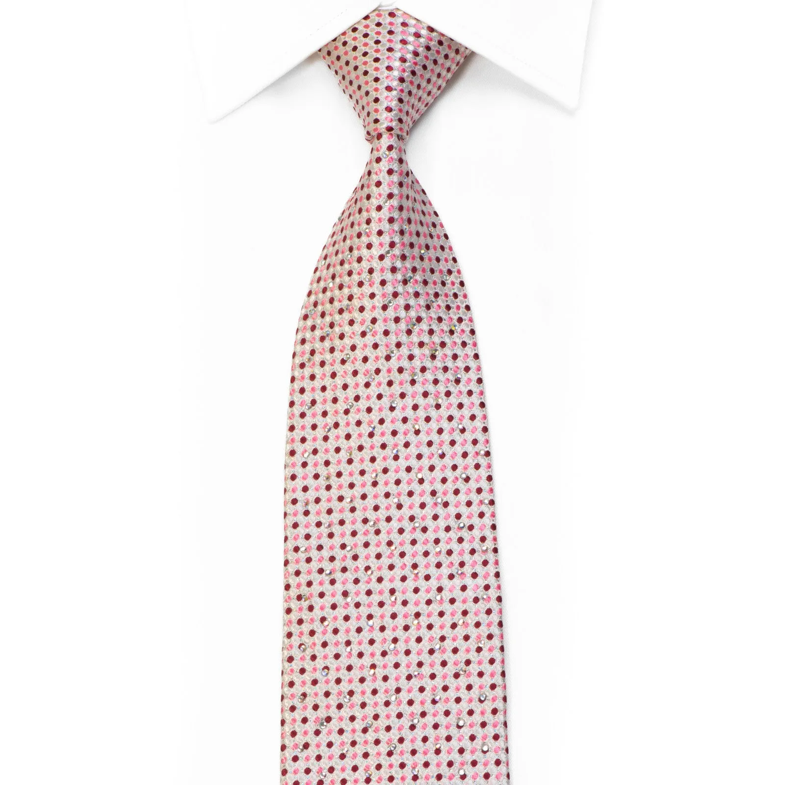 Rhinestone Silk Necktie Pink Burgundy Dots On White With Sparkles By Roberta di Camerino