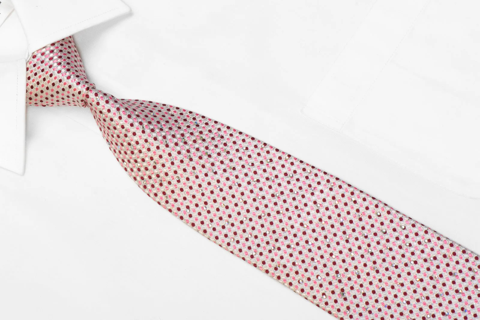Rhinestone Silk Necktie Pink Burgundy Dots On White With Sparkles By Roberta di Camerino