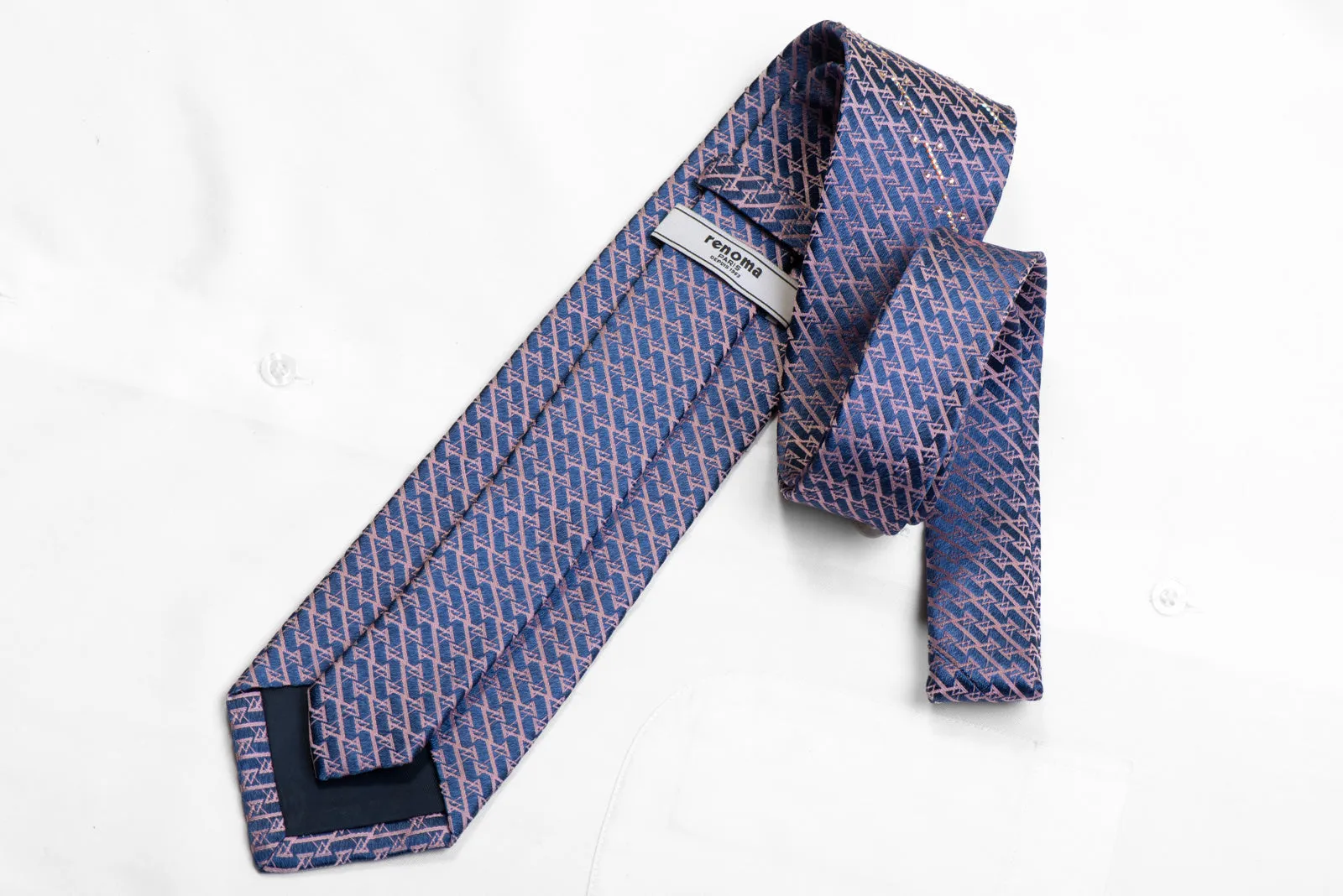 Rhinestone Silk Necktie Pink Geometric On Blue