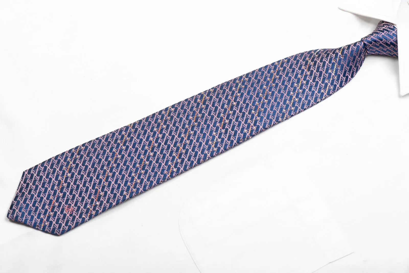 Rhinestone Silk Necktie Pink Geometric On Blue