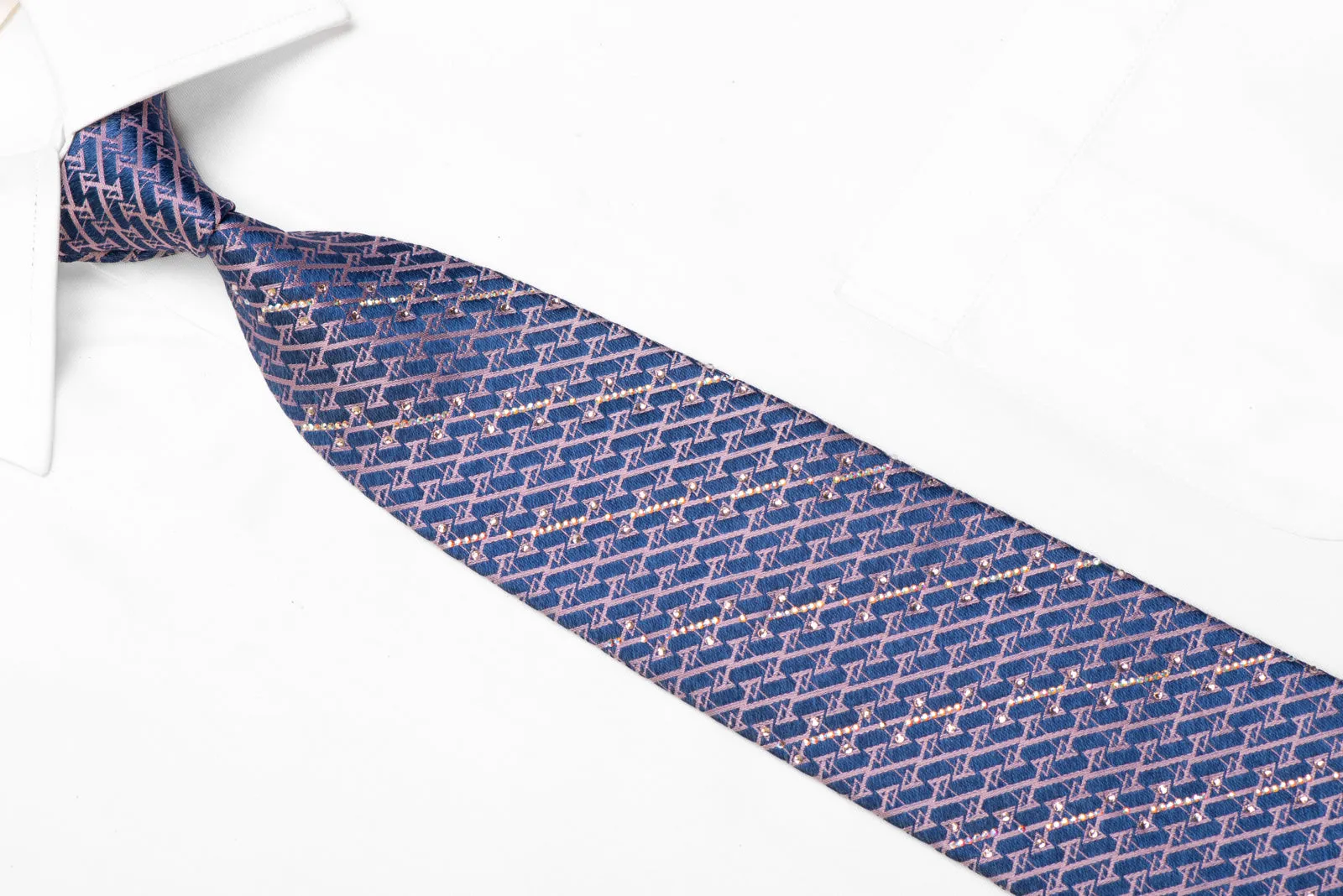 Rhinestone Silk Necktie Pink Geometric On Blue