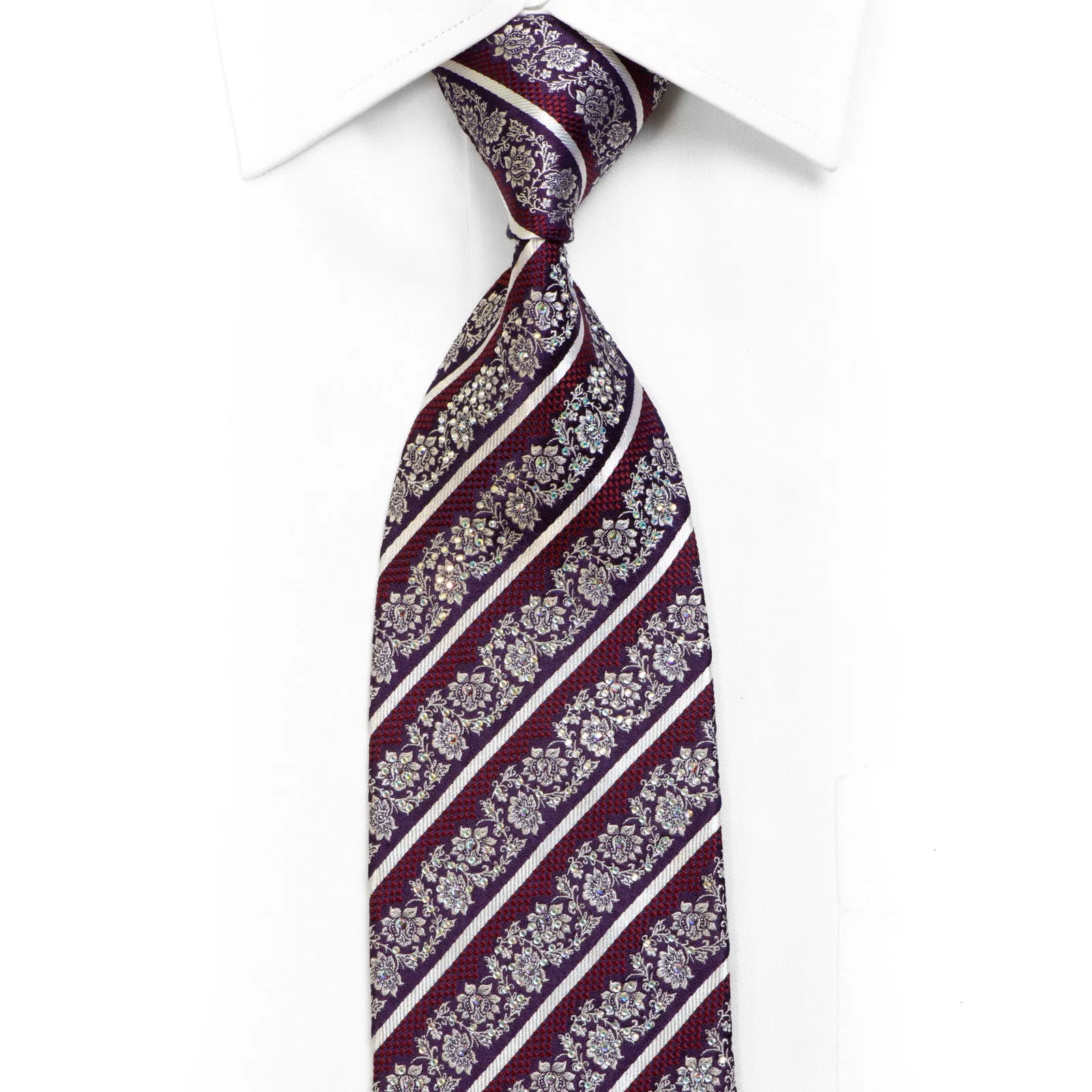 Rhinestone Silk Necktie Silver Floral & Striped With Silver Sparkles