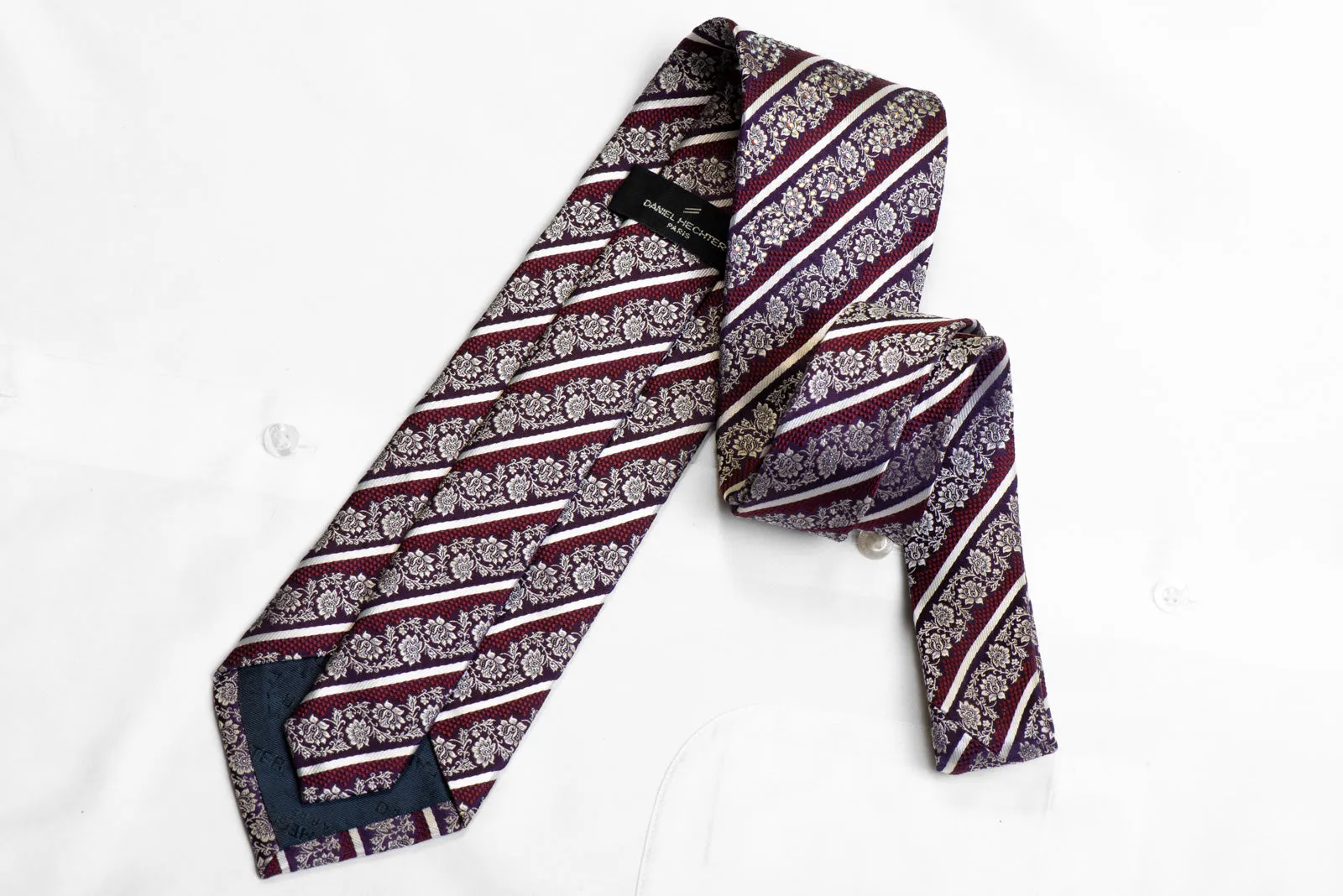 Rhinestone Silk Necktie Silver Floral & Striped With Silver Sparkles