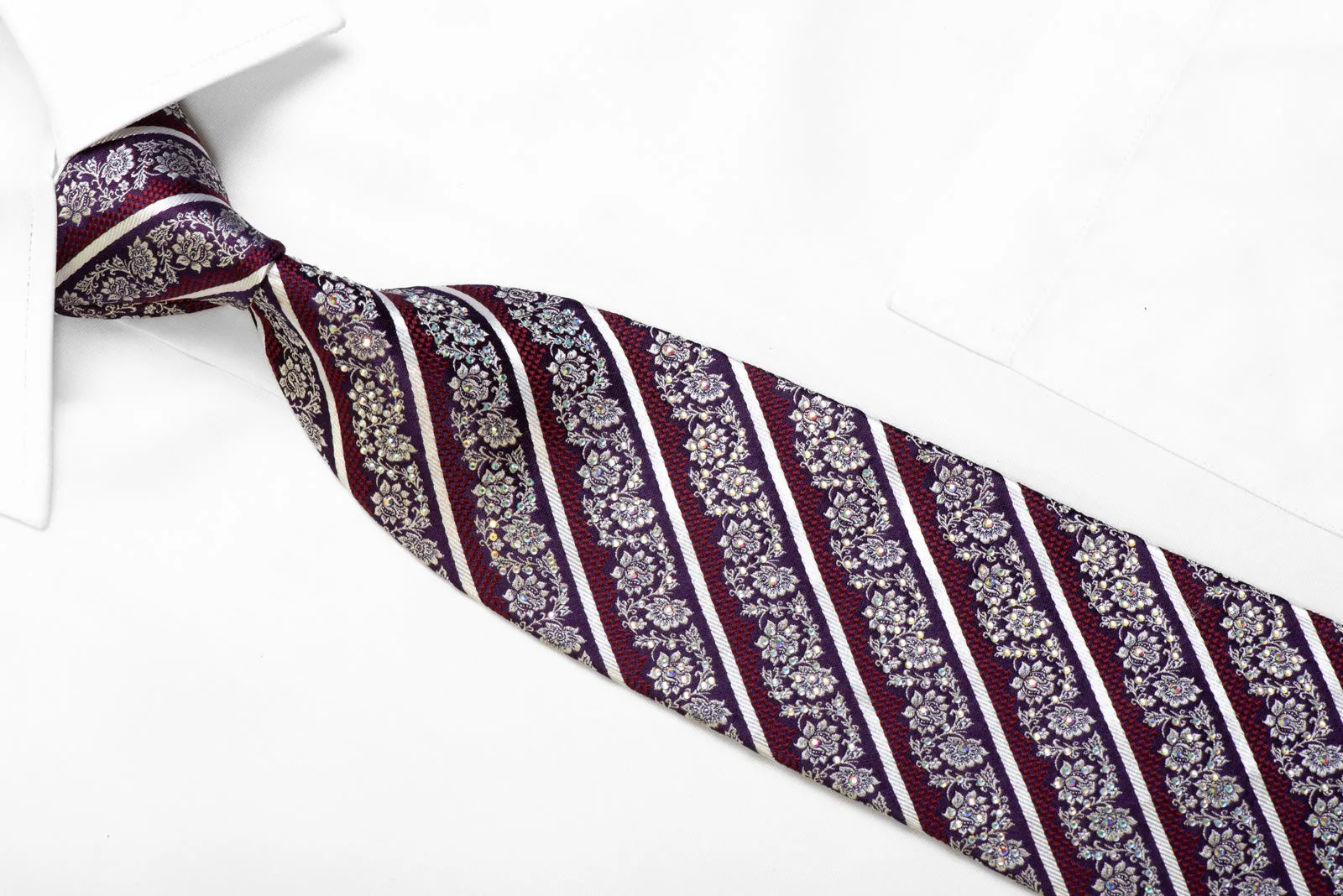 Rhinestone Silk Necktie Silver Floral & Striped With Silver Sparkles