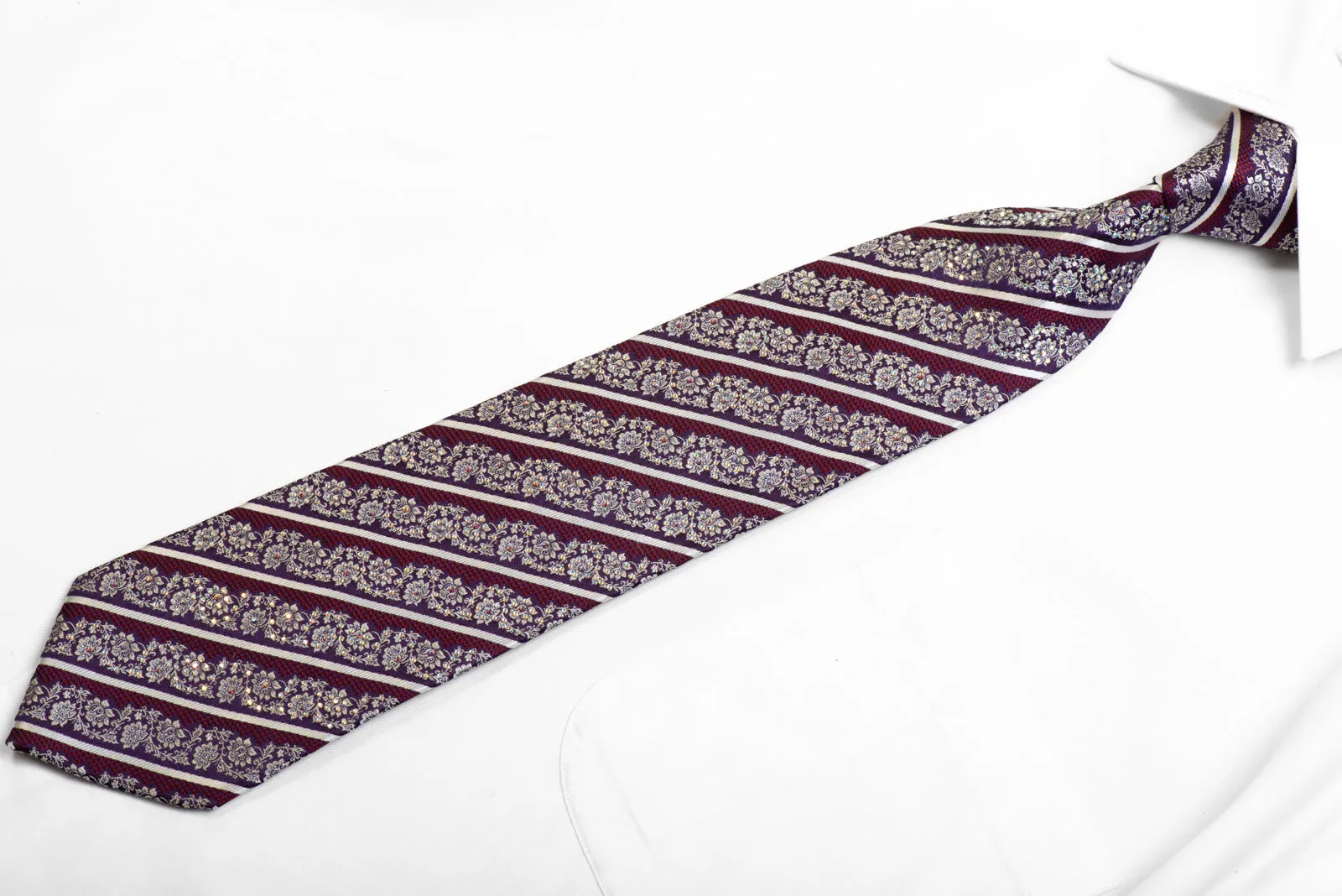 Rhinestone Silk Necktie Silver Floral & Striped With Silver Sparkles
