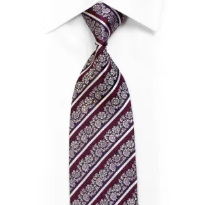 Rhinestone Silk Necktie Silver Floral & Striped With Silver Sparkles