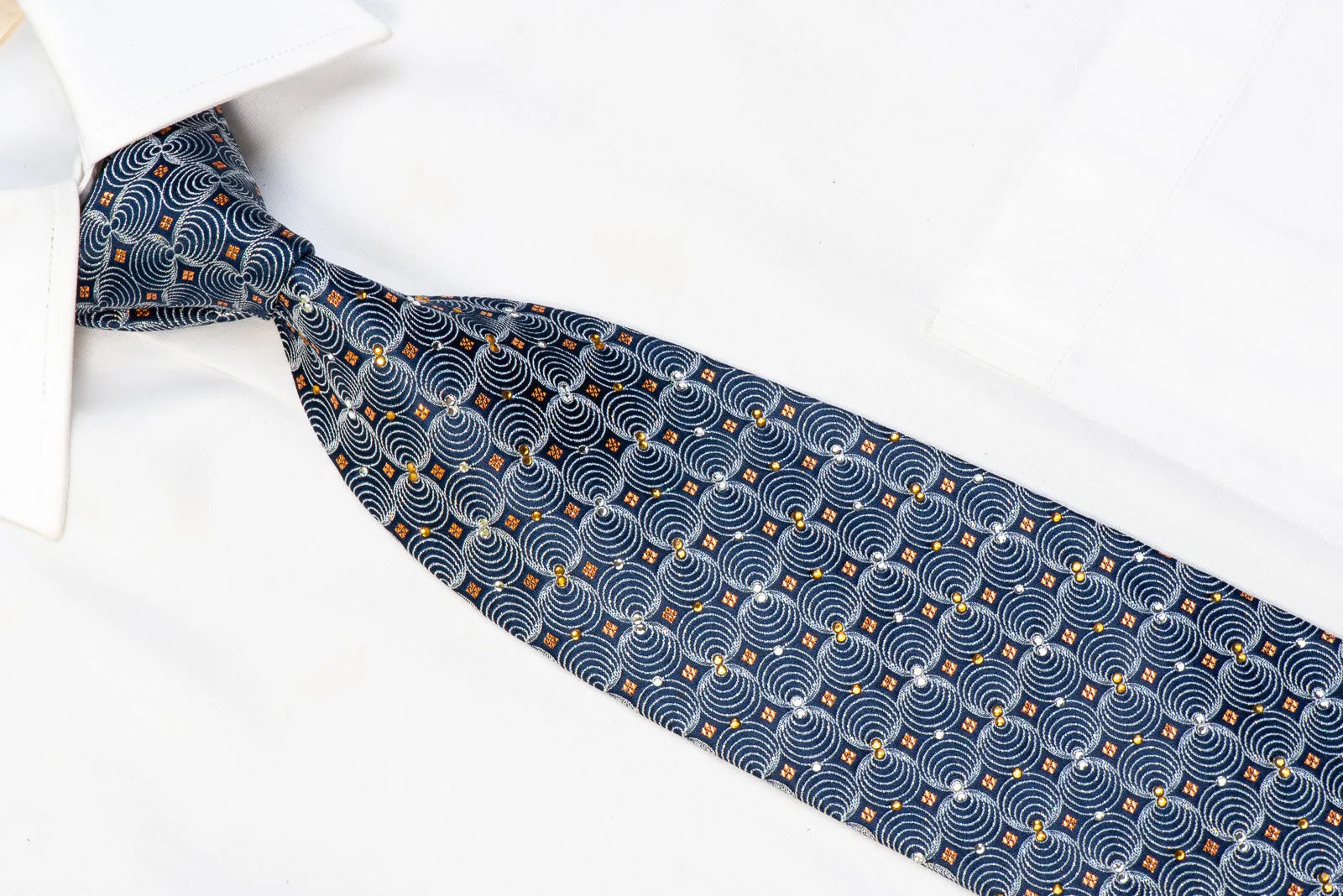 Rhinestone Silk Necktie Silver Geometric On Navy With Orange Sparkles