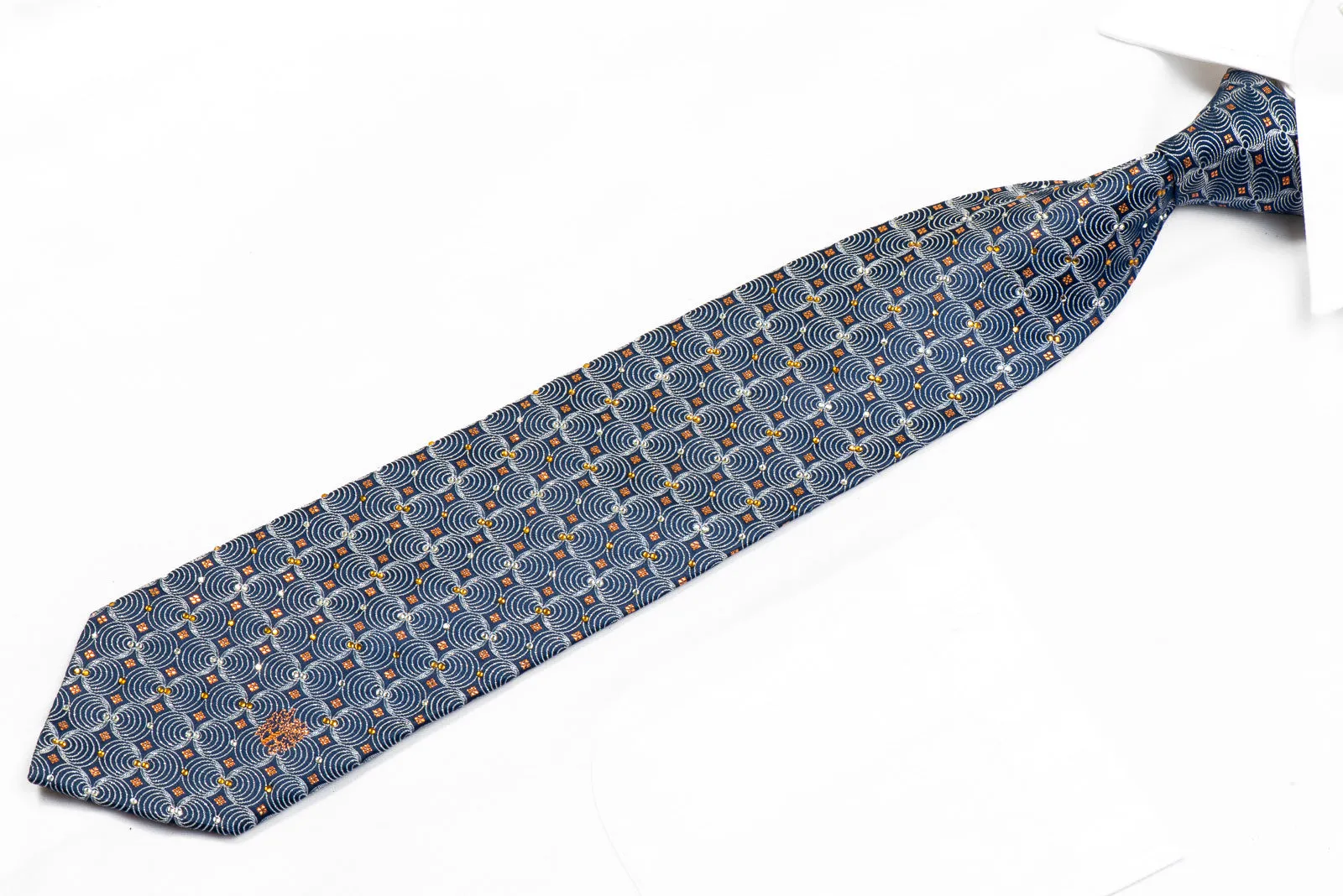 Rhinestone Silk Necktie Silver Geometric On Navy With Orange Sparkles