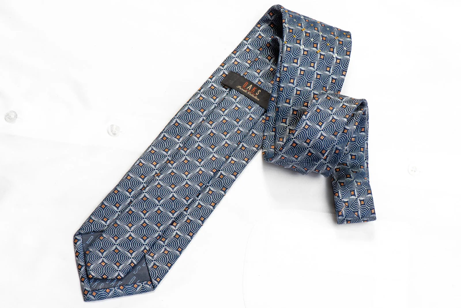 Rhinestone Silk Necktie Silver Geometric On Navy With Orange Sparkles