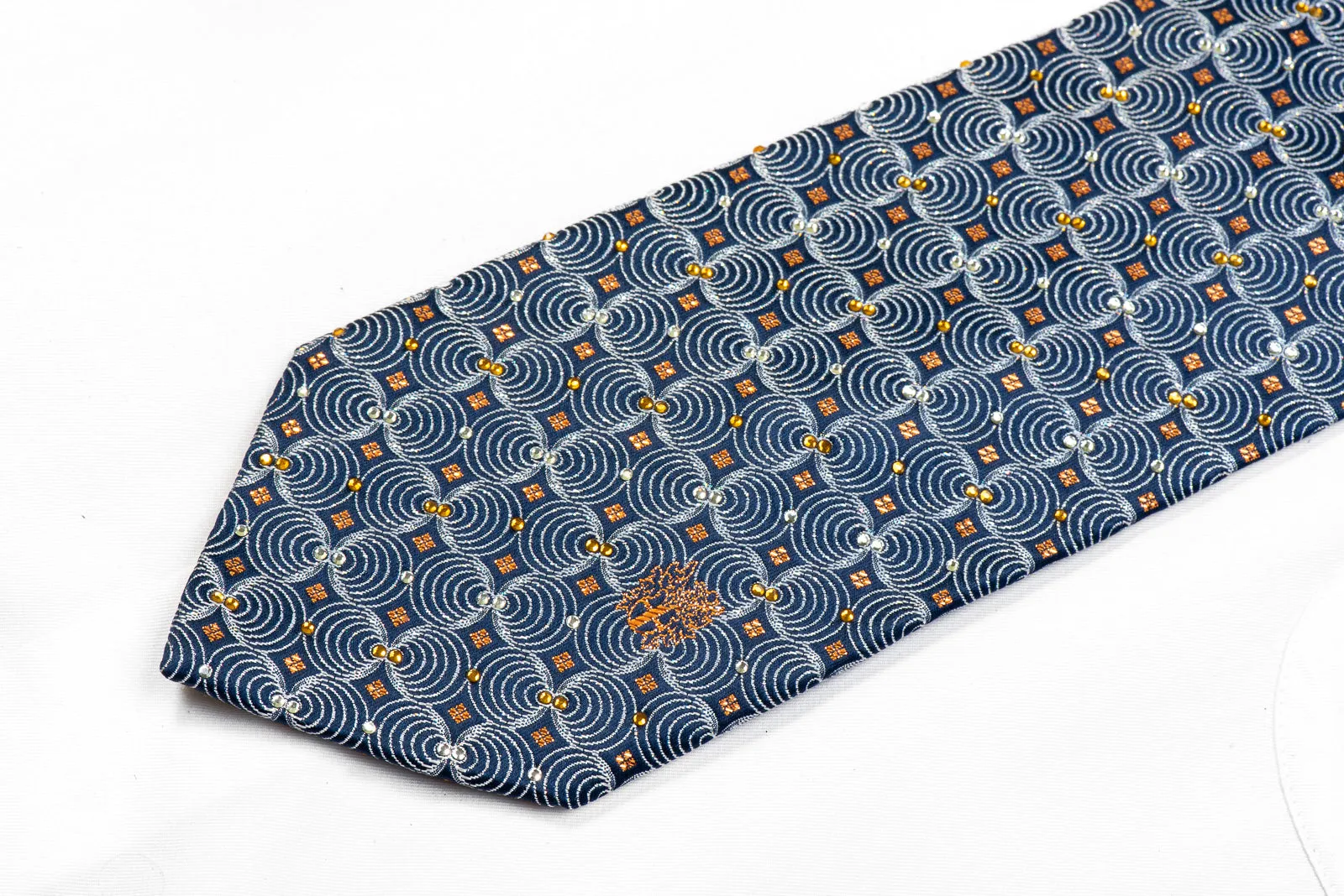 Rhinestone Silk Necktie Silver Geometric On Navy With Orange Sparkles