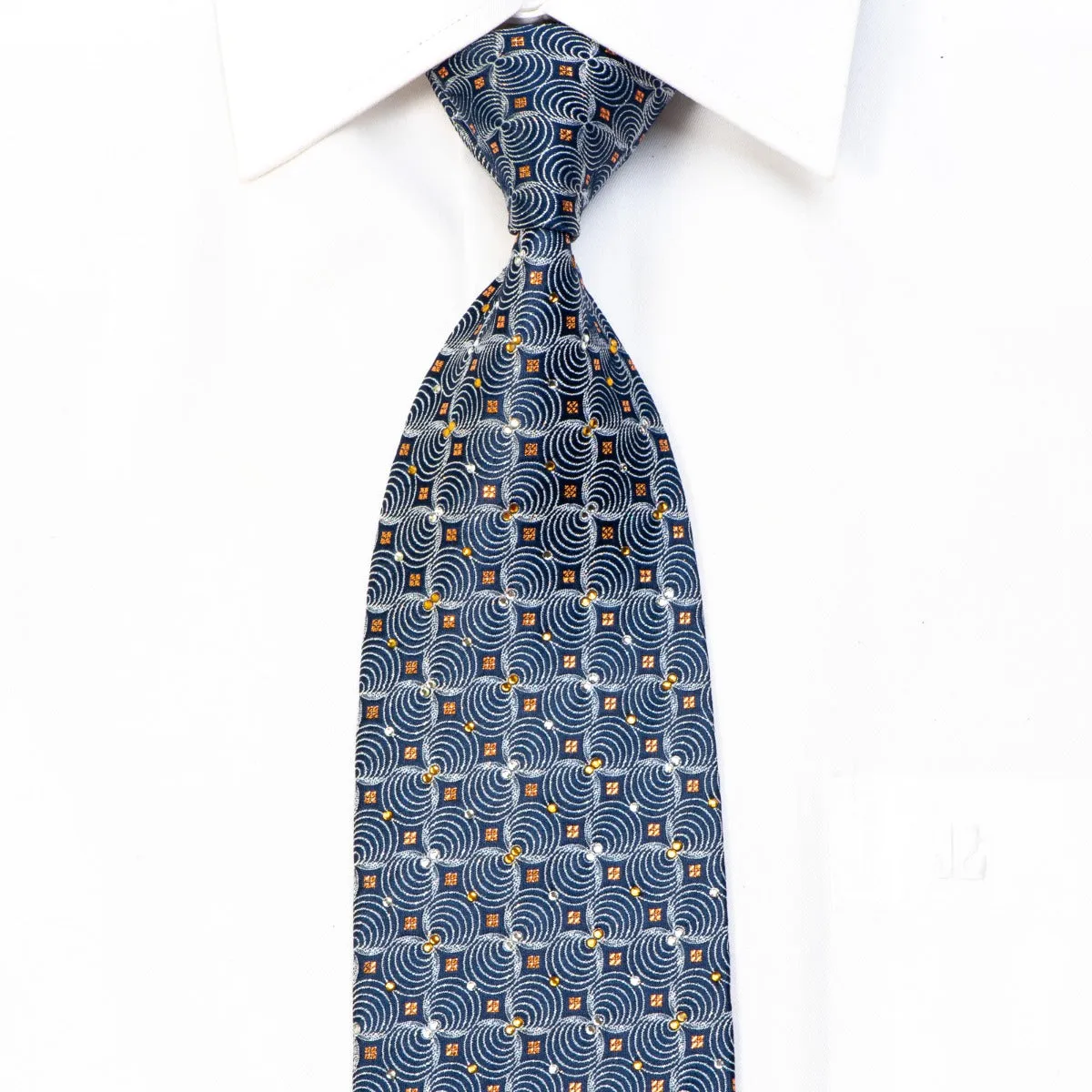 Rhinestone Silk Necktie Silver Geometric On Navy With Orange Sparkles