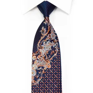 Rhinestone Silk Necktie Silver Orange Acanthus Floral Scrolls On Blue With Sparkles