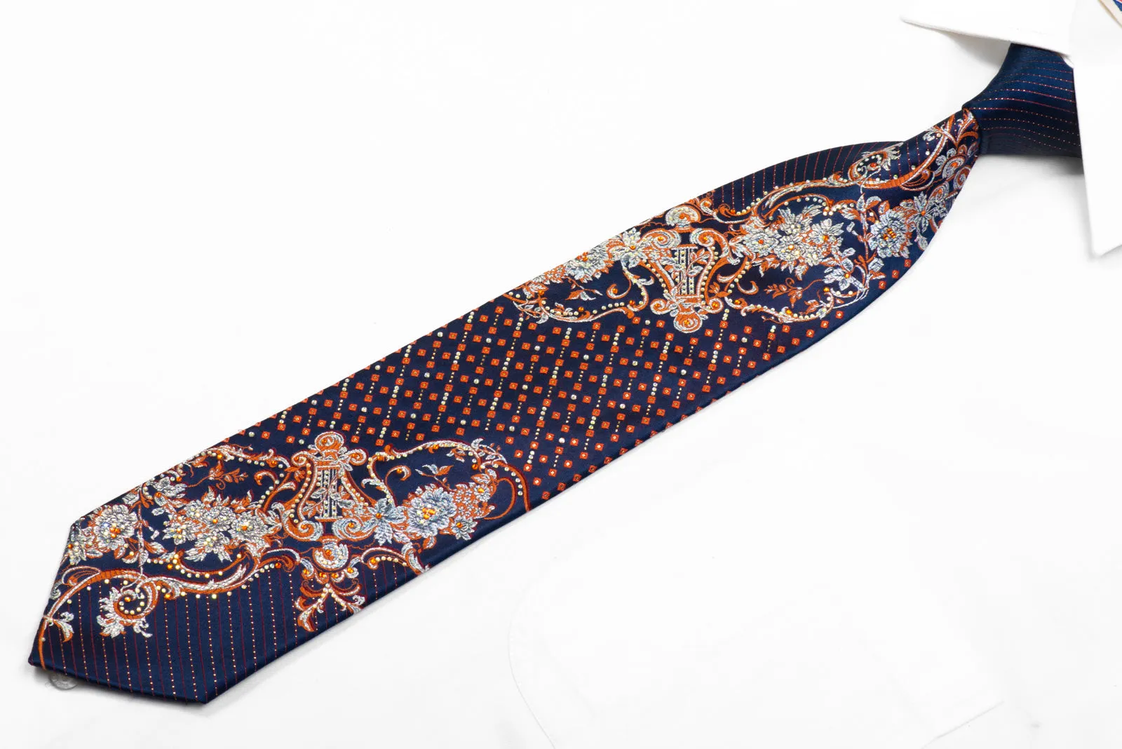 Rhinestone Silk Necktie Silver Orange Acanthus Floral Scrolls On Blue With Sparkles